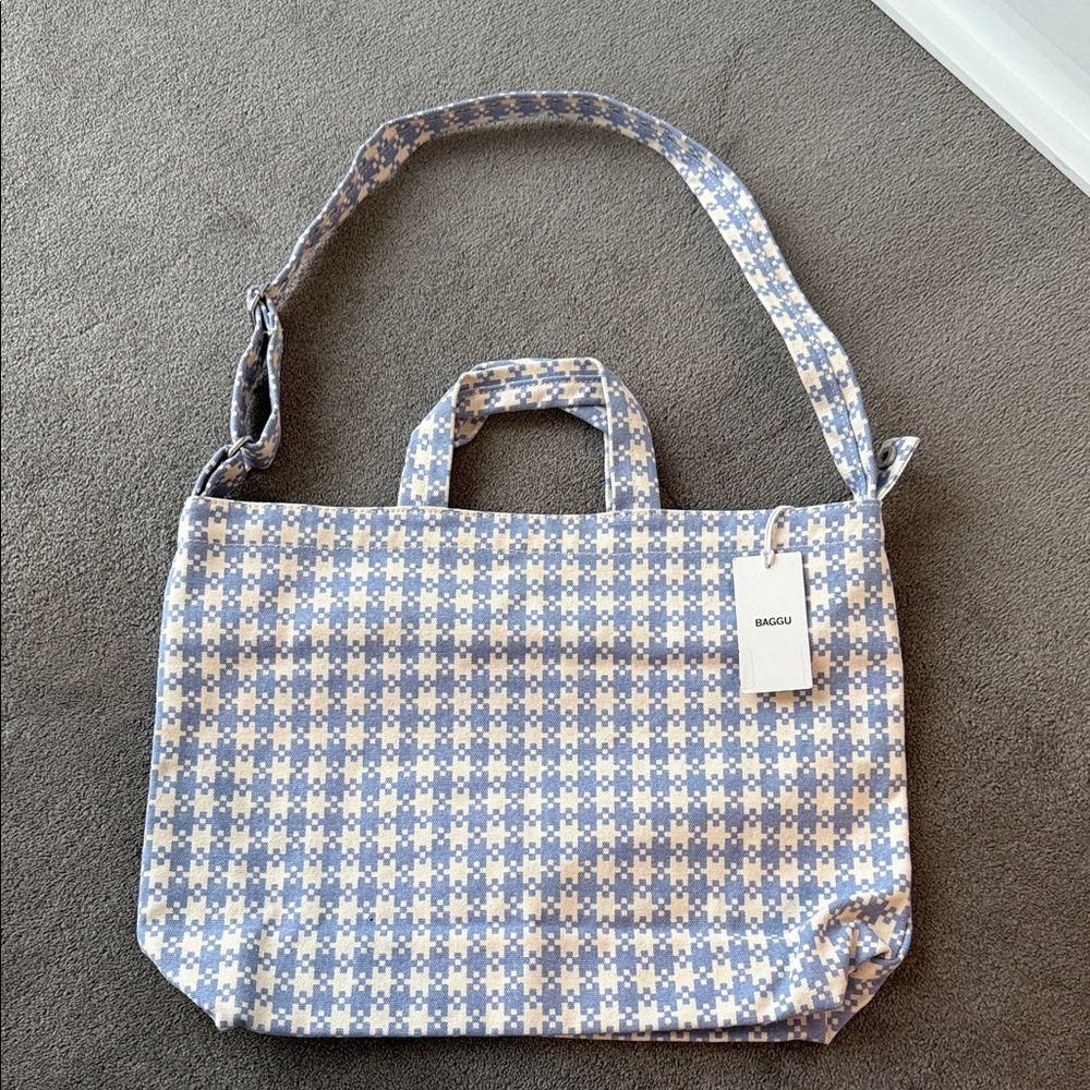 BAGGU Blue and Cream Checkered Tote